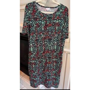 LuleRoa Women’s Dress 2XL Green Black Red Shortsleeve Tshirt Pullover Dress